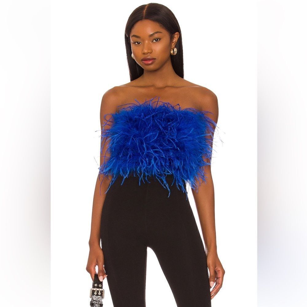 NWT LaMarque Zaina Top maribou feather bandeau bustier cobalt blue Revolve XS - Picture 5 of 10